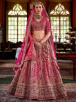 Charming Pink Thread Work Silk Bridal Wear Lehenga Choli With Double Dupatta