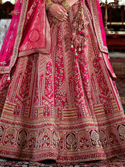 Charming Pink Thread Work Silk Bridal Wear Lehenga Choli With Double Dupatta