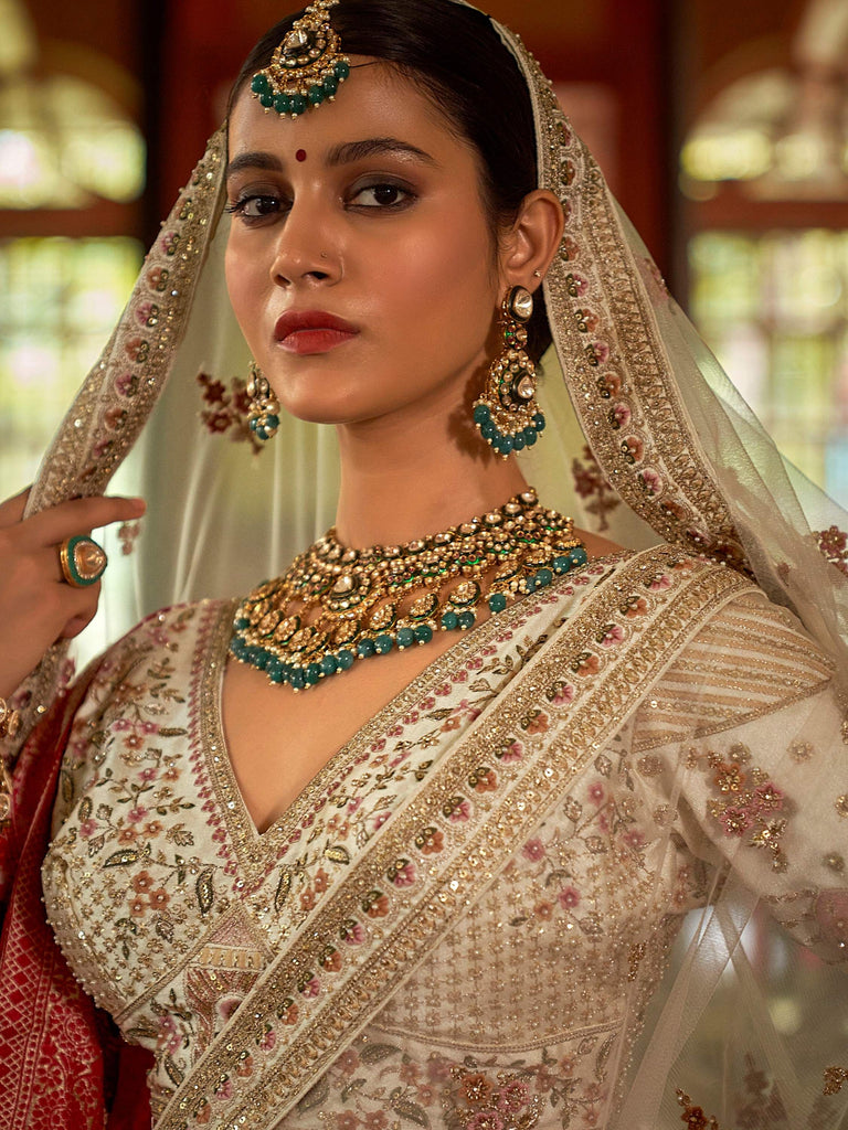 Rich Off-White Pearl Work Silk Bridal Lehenga Choli With Double Dupatta