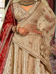 Rich Off-White Pearl Work Silk Bridal Lehenga Choli With Double Dupatta