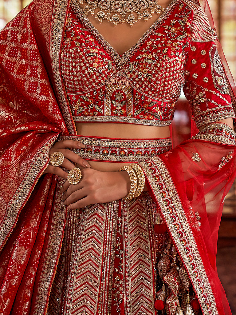 Pretty Red Sequins Silk Bridal Wear Lehenga Choli With Double Dupatta