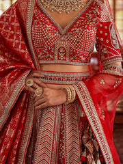 Pretty Red Sequins Silk Bridal Wear Lehenga Choli With Double Dupatta