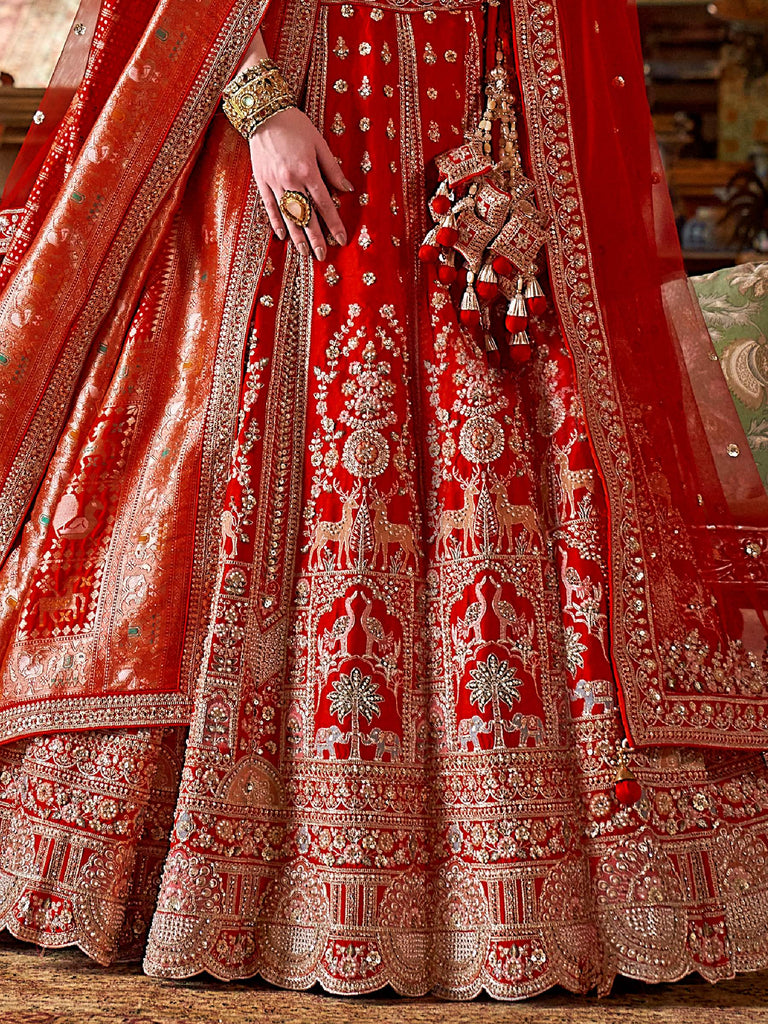 Attractive Red Embroidered Silk Bridal Lehenga Choli With Double Dupatta