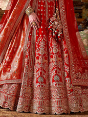 Attractive Red Embroidered Silk Bridal Lehenga Choli With Double Dupatta