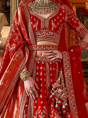 Attractive Red Embroidered Silk Bridal Lehenga Choli With Double Dupatta