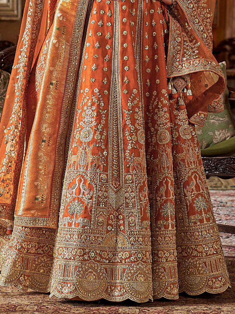 Enchanting Orange Prarl Work Silk Bridal Wear Lehenga Choli With Double Dupatta