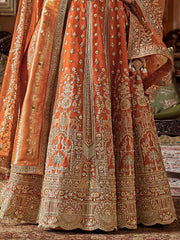 Enchanting Orange Prarl Work Silk Bridal Wear Lehenga Choli With Double Dupatta