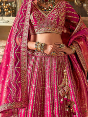 Outstanding Pink Thread Work Silk Bridal Lehenga Choli With Double Dupatta