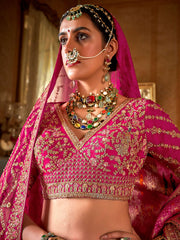 Outstanding Pink Thread Work Silk Bridal Lehenga Choli With Double Dupatta