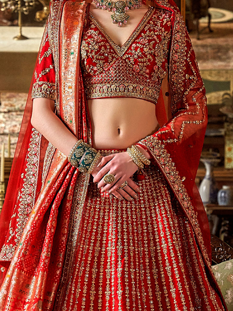 Sophisticated Red Pearl Work Silk Bridal Wear Lehenga Choli With Double Dupatta
