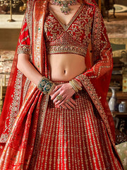 Sophisticated Red Pearl Work Silk Bridal Wear Lehenga Choli With Double Dupatta