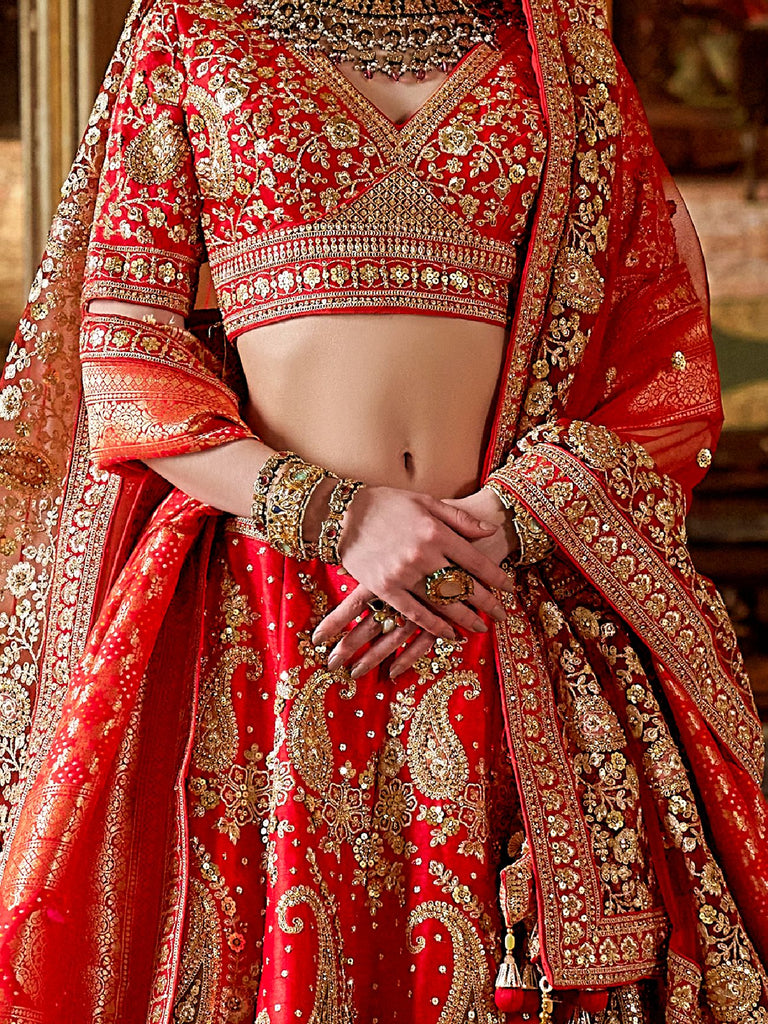 Majestic Red Thread Embroidered Silk Bridal Lehenga Choli With Double Dupatta