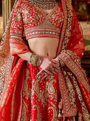 Majestic Red Thread Embroidered Silk Bridal Lehenga Choli With Double Dupatta