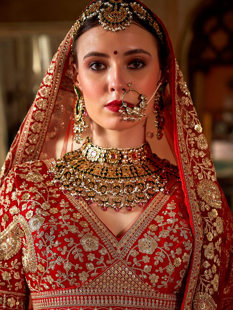 Majestic Red Thread Embroidered Silk Bridal Lehenga Choli With Double Dupatta