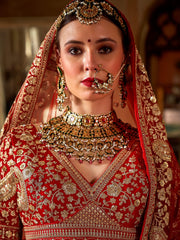 Majestic Red Thread Embroidered Silk Bridal Lehenga Choli With Double Dupatta