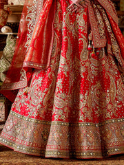 Majestic Red Thread Embroidered Silk Bridal Lehenga Choli With Double Dupatta