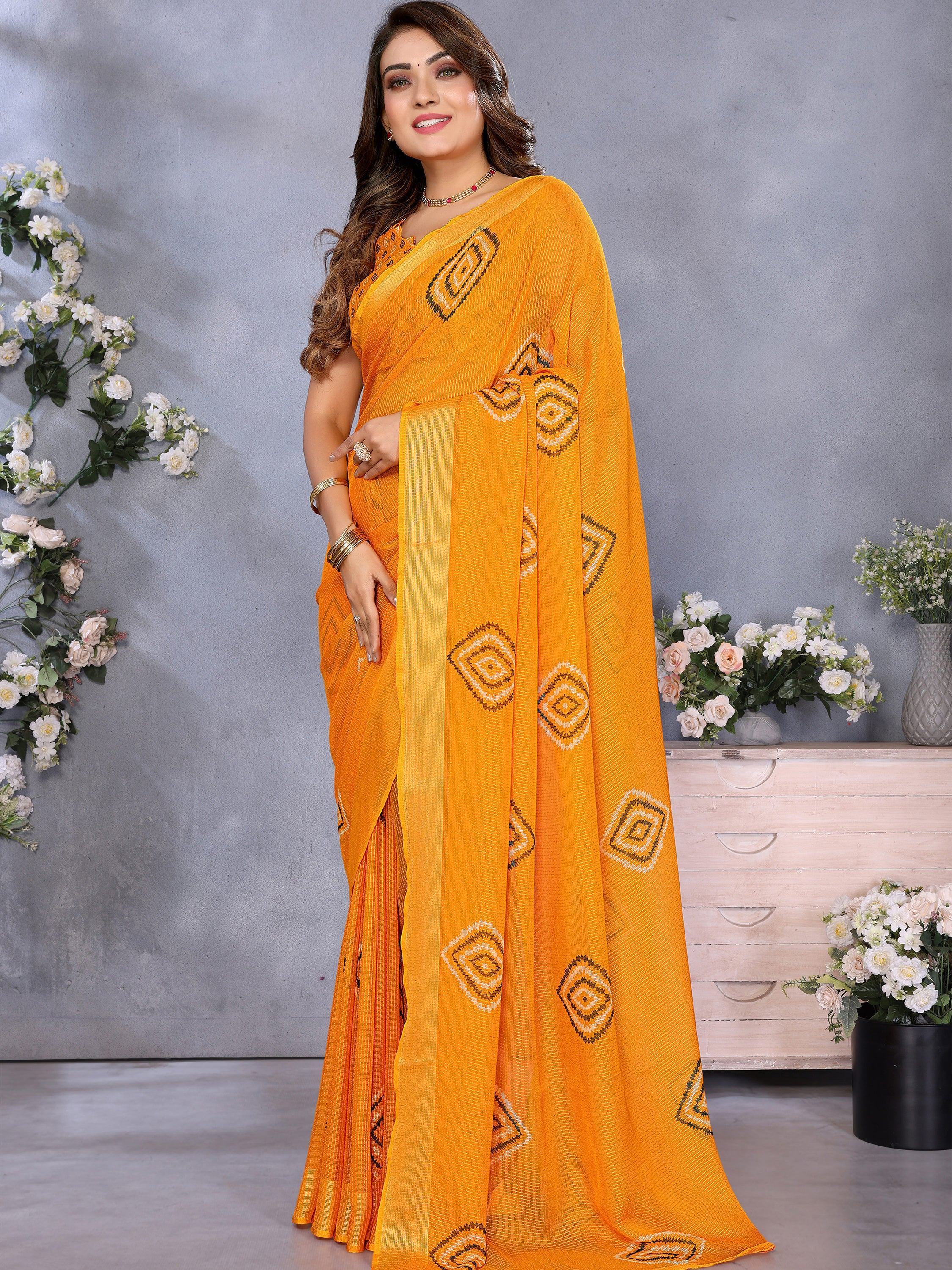 Mesmerizing Orange Chiffon Shibori Printed Saree With Blouse