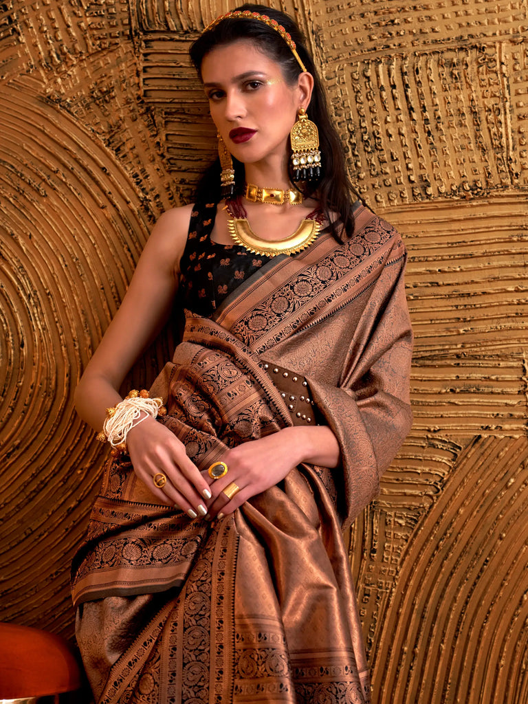 Stunning Brown Copper Weaving Silk Wedding Wear Saree With Blouse