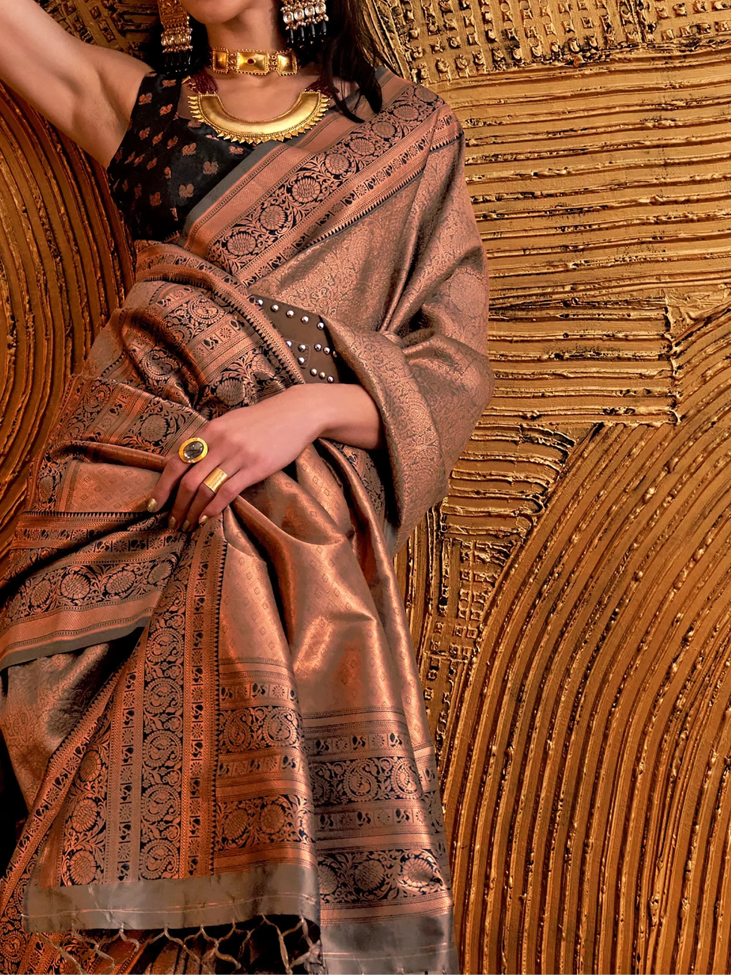 Stunning Brown Copper Weaving Silk Wedding Wear Saree With Blouse