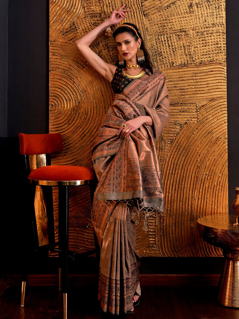 Stunning Brown Copper Weaving Silk Wedding Wear Saree With Blouse