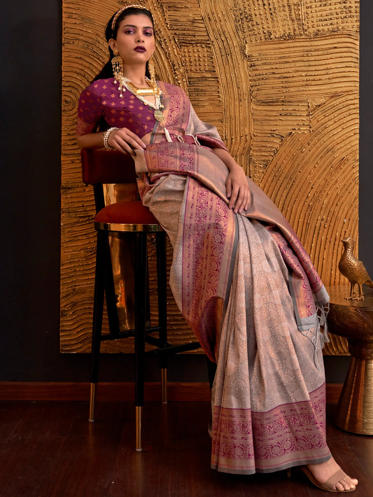 Beautiful Dusty Pink Copper Weaving Silk Traditional Saree With Blouse