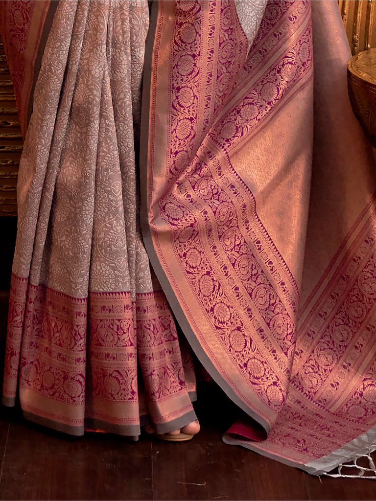 Beautiful Dusty Pink Copper Weaving Silk Traditional Saree With Blouse