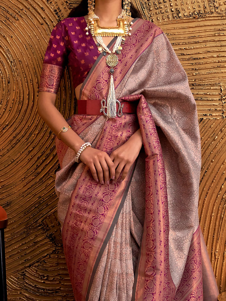 Beautiful Dusty Pink Copper Weaving Silk Traditional Saree With Blouse
