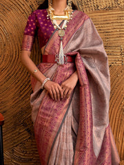 Beautiful Dusty Pink Copper Weaving Silk Traditional Saree With Blouse