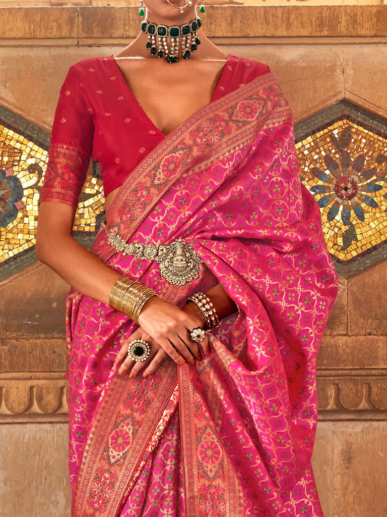 Wonderful Pink Weaving Silk Function Wear Saree With Blouse