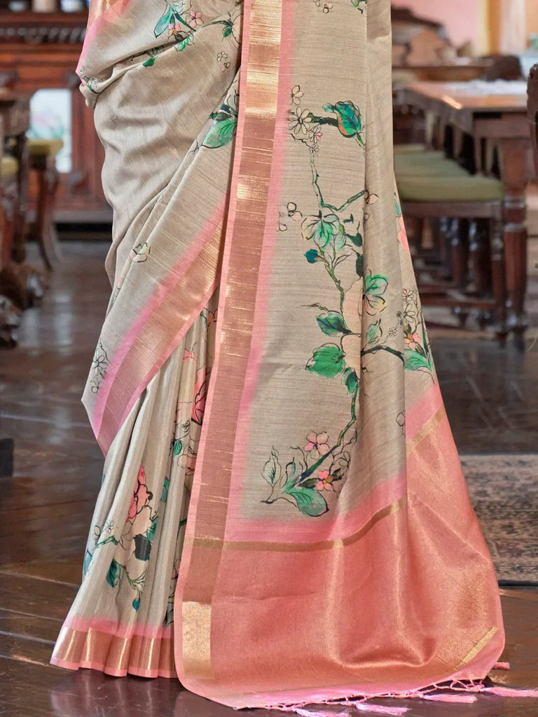 Alluring Dusty Beige Digital Printed Banarasi Silk Function Wear Saree
