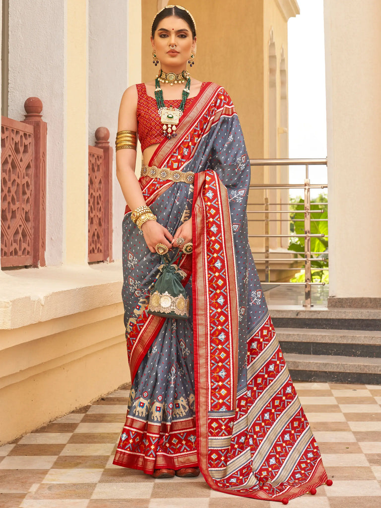 Incredible Grey Patola Printed Silk Festival Wear Saree With Blouse
