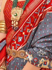 Incredible Grey Patola Printed Silk Festival Wear Saree With Blouse