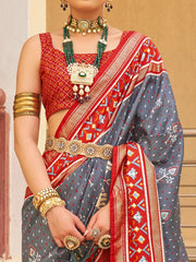 Incredible Grey Patola Printed Silk Festival Wear Saree With Blouse