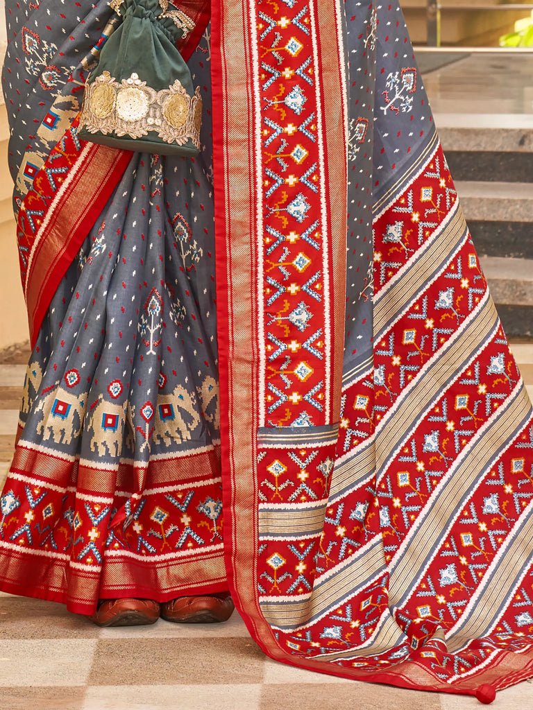 Incredible Grey Patola Printed Silk Festival Wear Saree With Blouse