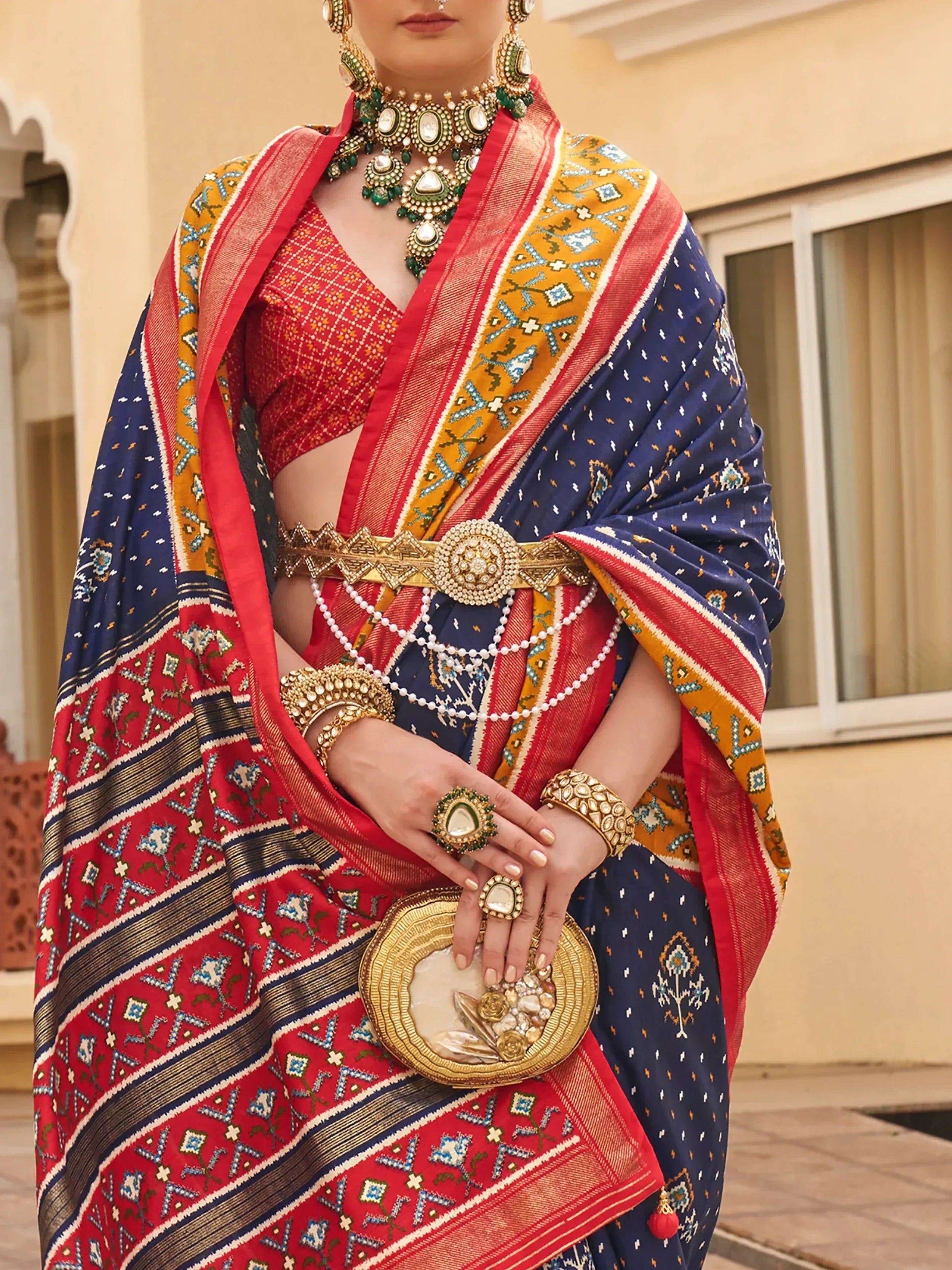Stunning Navy Blue Patola Printed Silk Wedding Wear Saree With Blouse