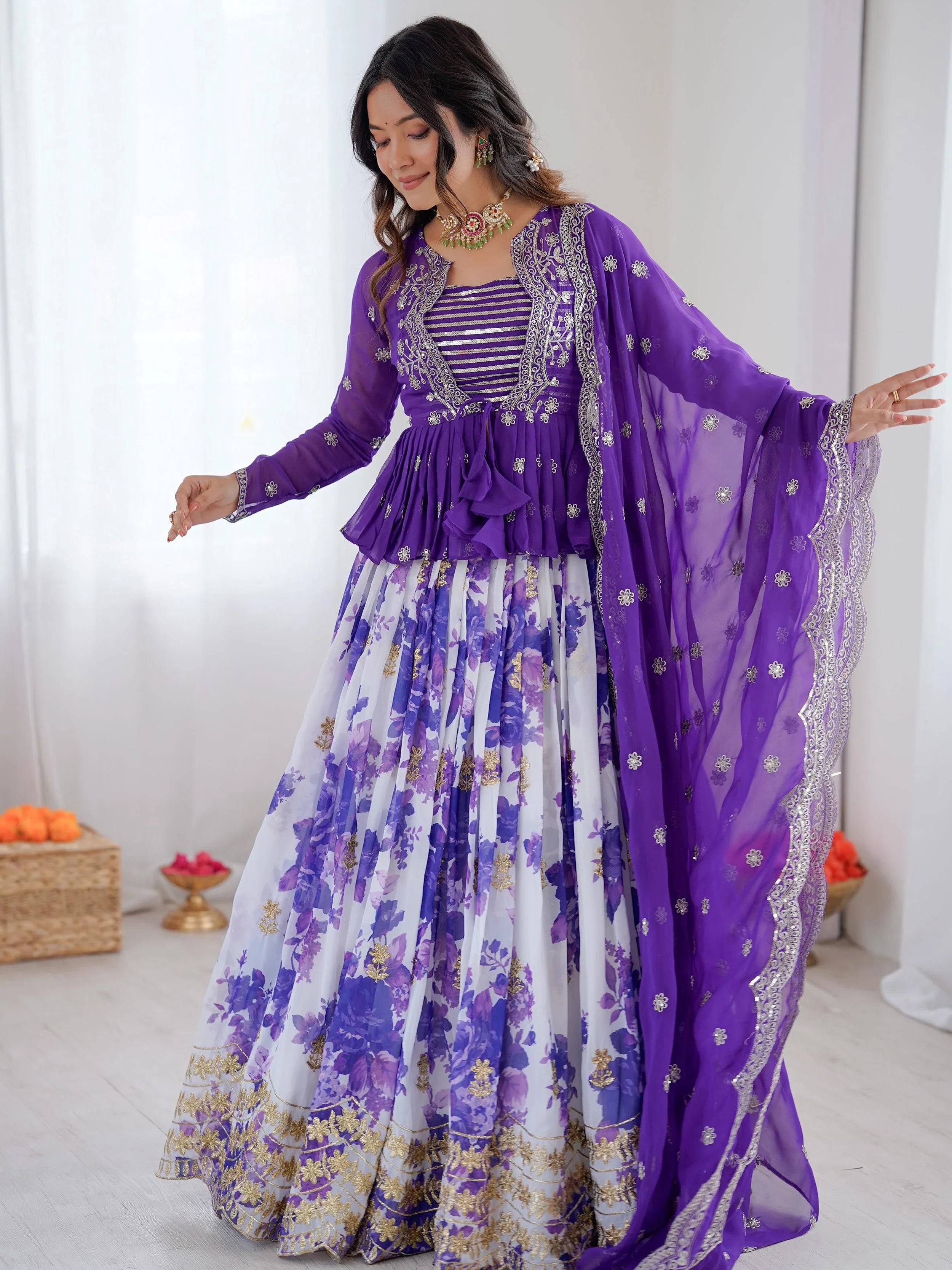 Glowing Purple Sequins Georgette Festive Wear Lehenga Choli With Koti