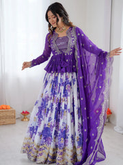 Glowing Purple Sequins Georgette Festive Wear Lehenga Choli With Koti