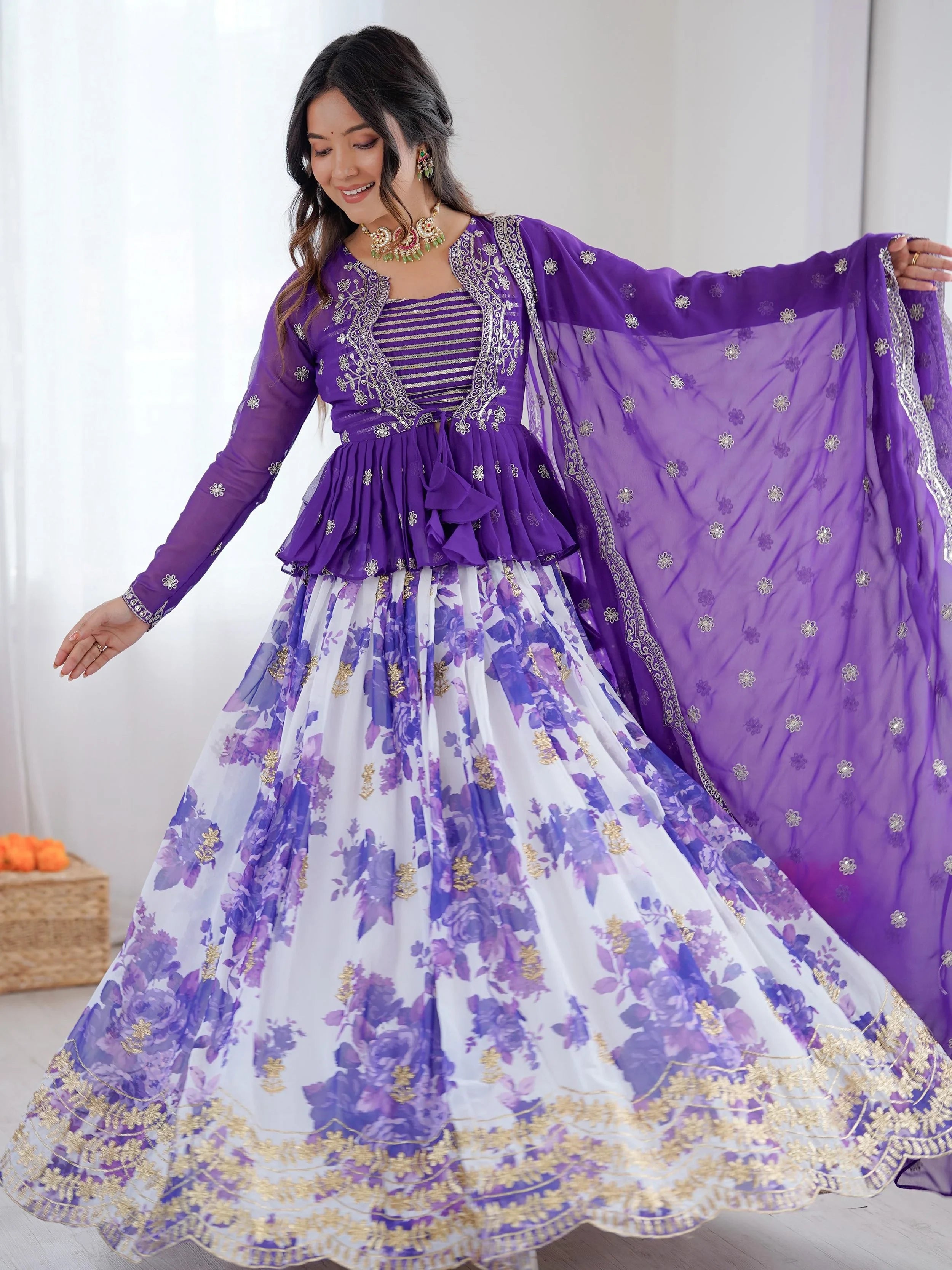 Glowing Purple Sequins Georgette Festive Wear Lehenga Choli With Koti