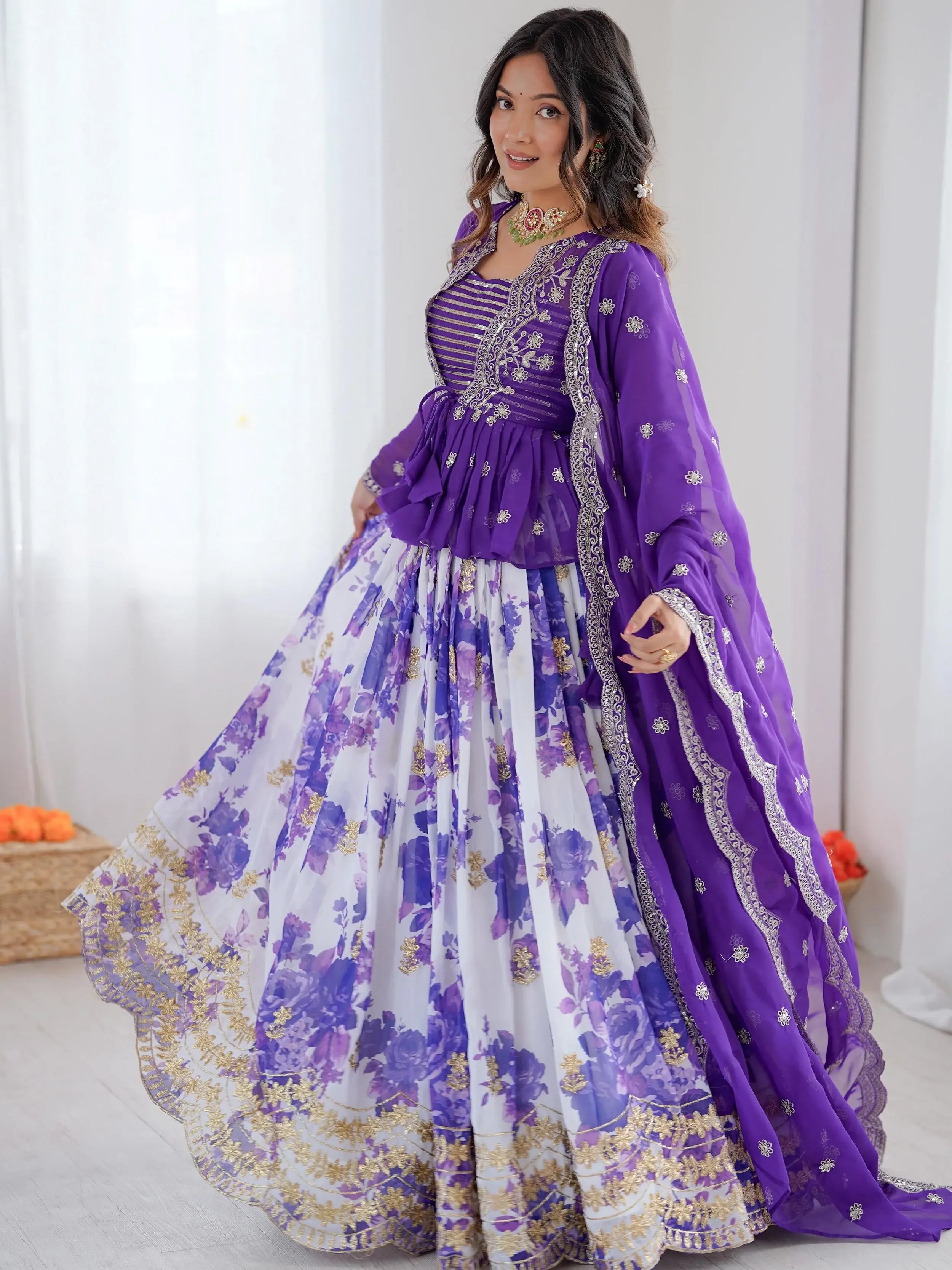 Glowing Purple Sequins Georgette Festive Wear Lehenga Choli With Koti