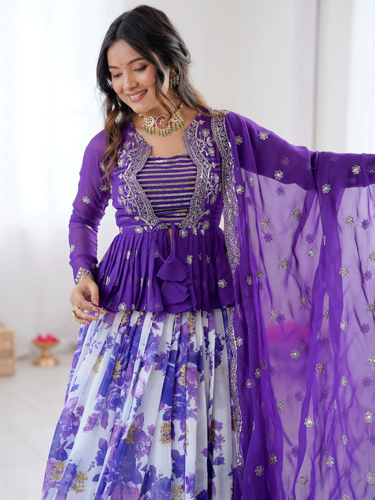 Glowing Purple Sequins Georgette Festive Wear Lehenga Choli With Koti