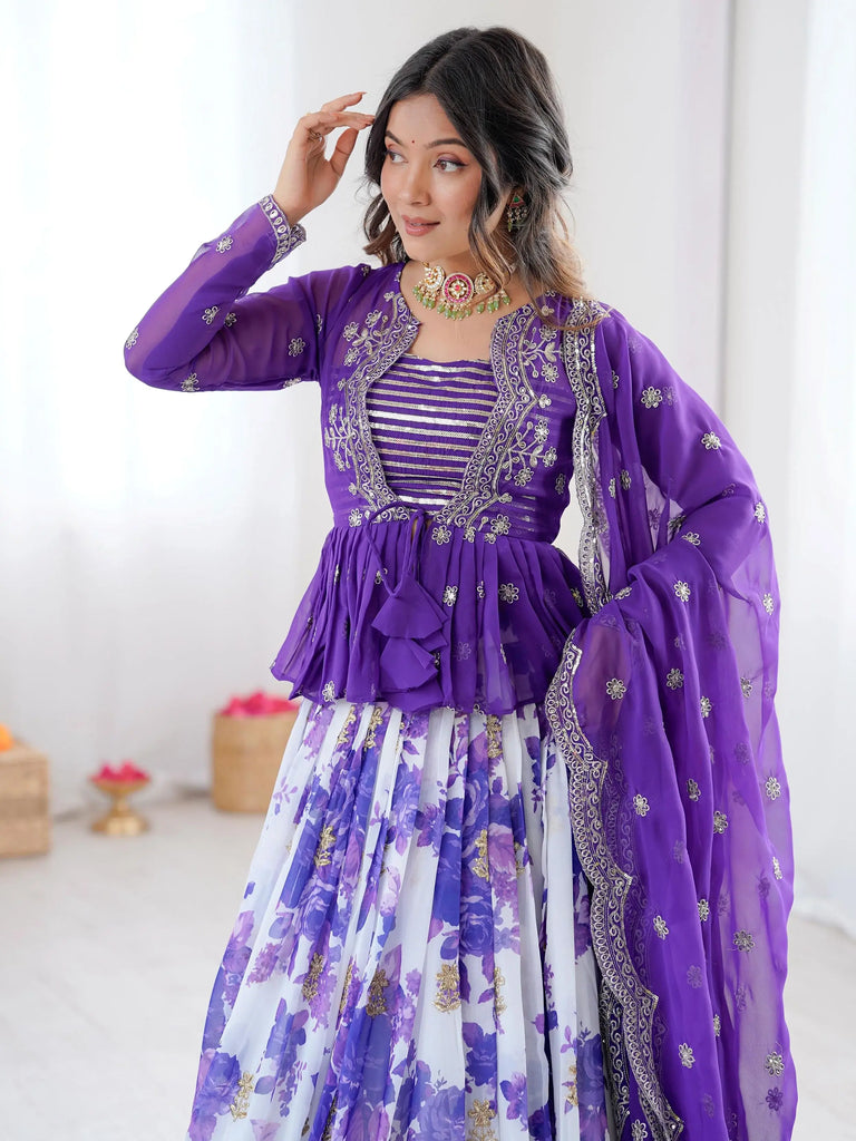 Glowing Purple Sequins Georgette Festive Wear Lehenga Choli With Koti