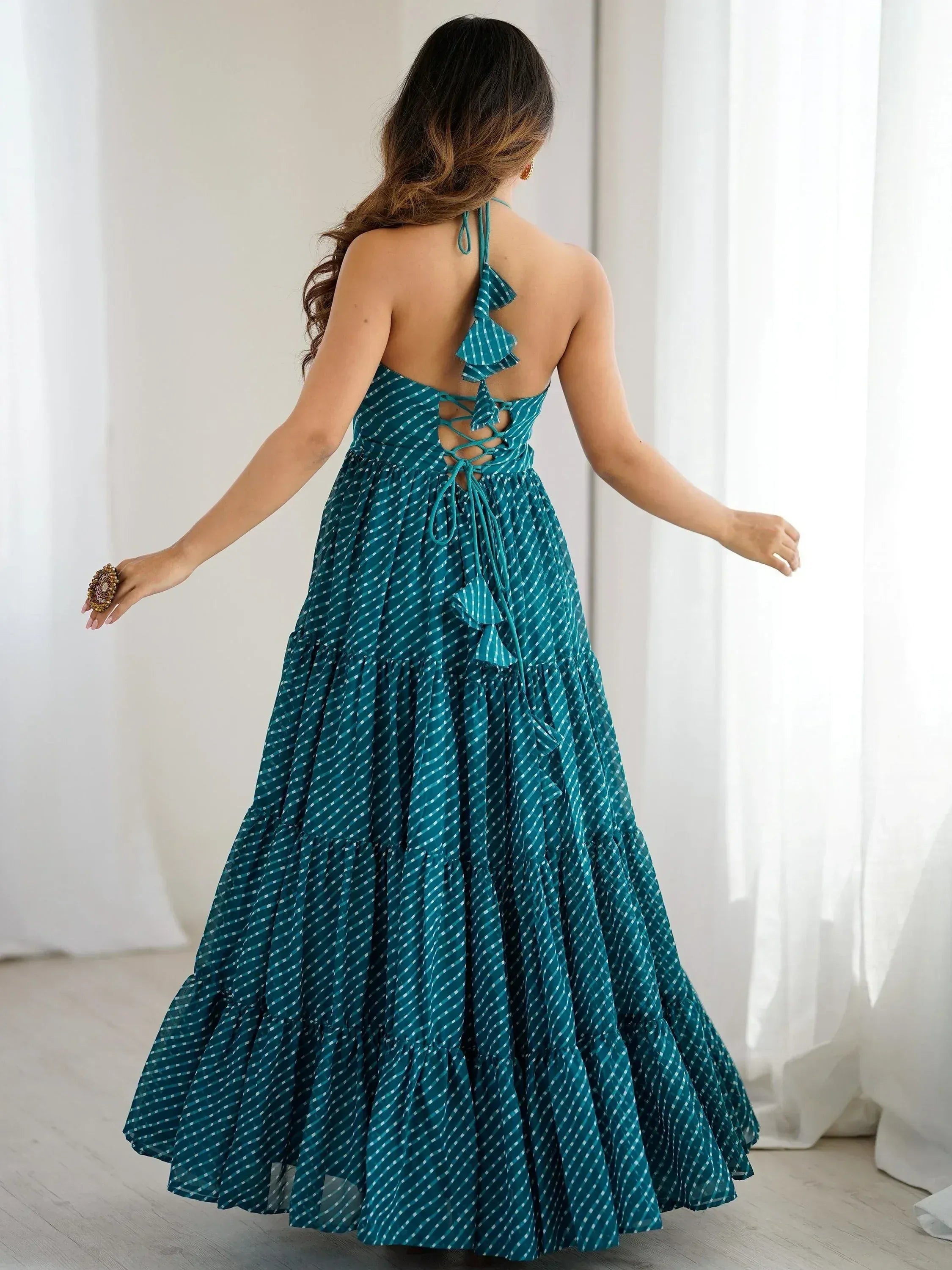 Teal polka dot ethnic gown with ruffled back and lace-up detail