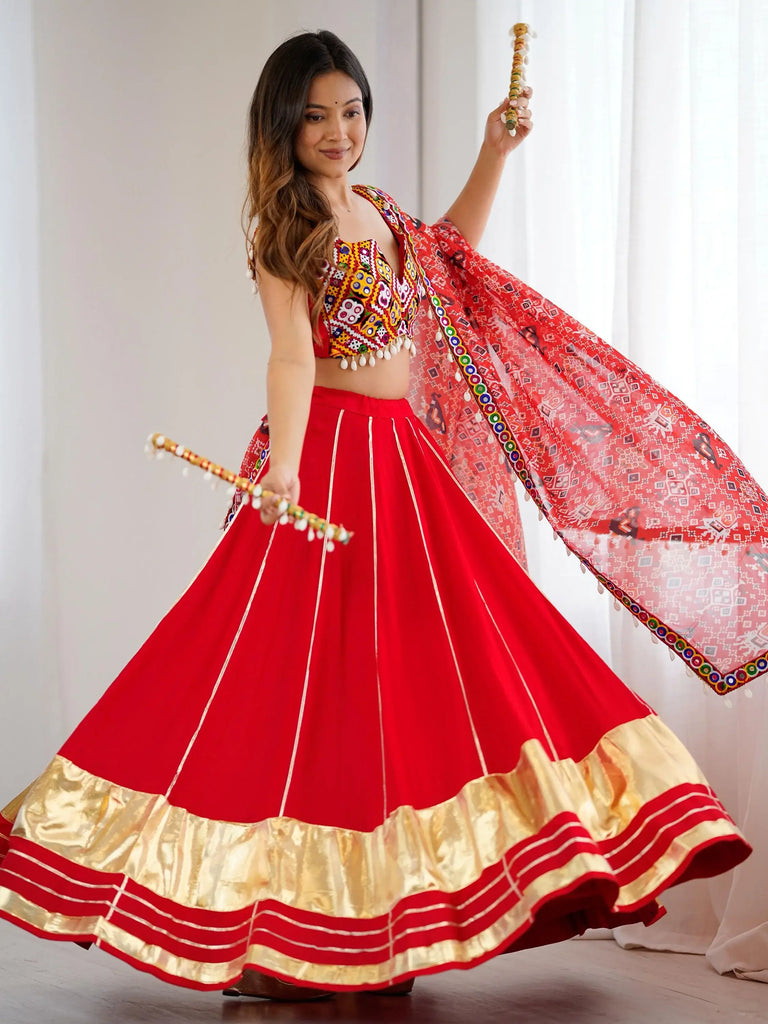 Impressive Red Rayon Navratri Wear Lehenga With Gamthi Work Choli