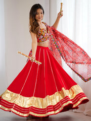 Impressive Red Rayon Navratri Wear Lehenga With Gamthi Work Choli