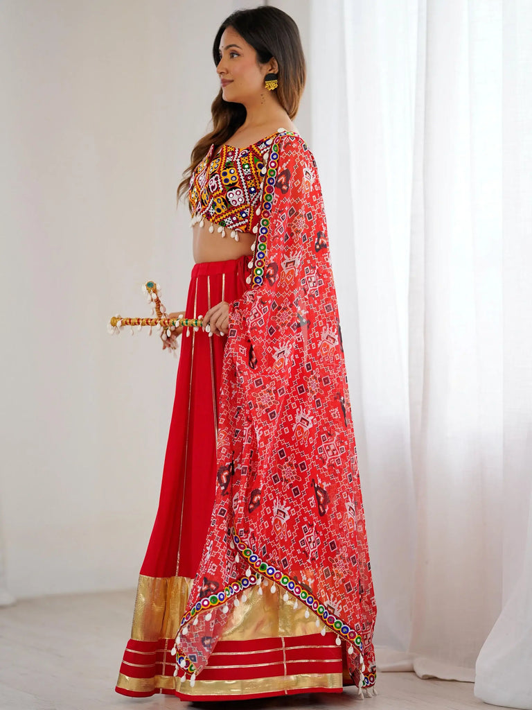 Impressive Red Rayon Navratri Wear Lehenga With Gamthi Work Choli