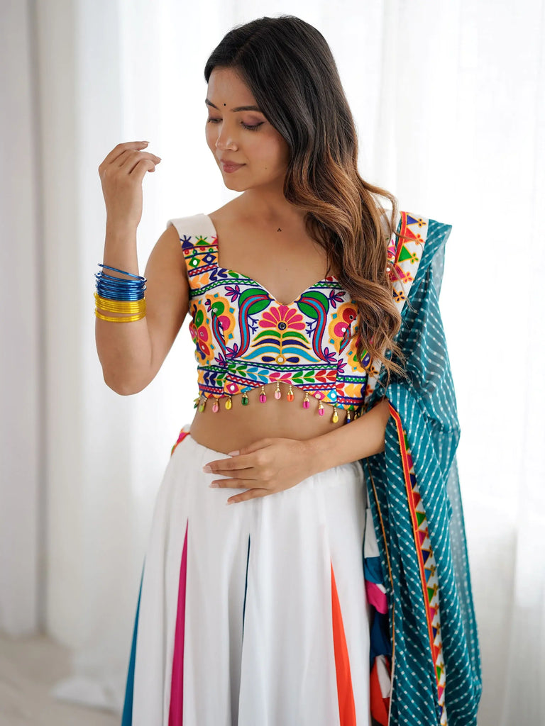 Captivating Multi-Color Rayon Navratri Lehenga With Gamthi Work Choli