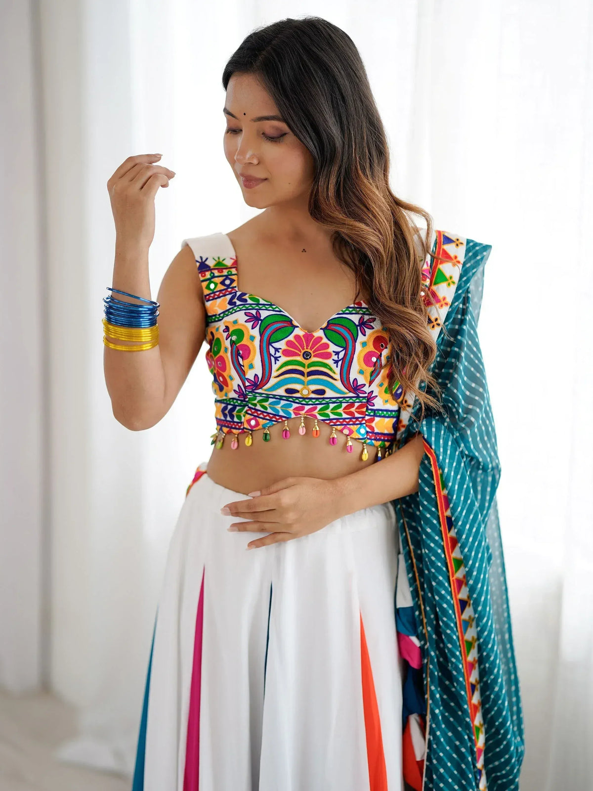 Colorful embroidered lehenga choli with mirror work and dupatta, Indian ethnic wear for women