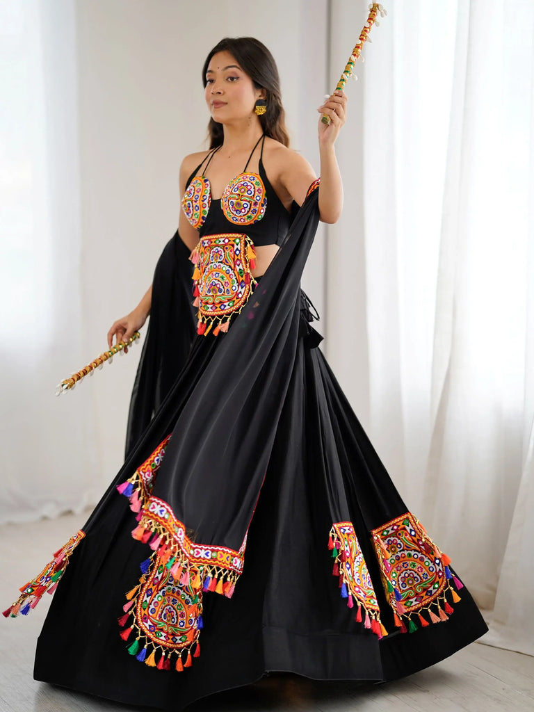 Tantalizing Black Thread Work Rayon Navaratri Wear Lehenga Choli With Dupatta