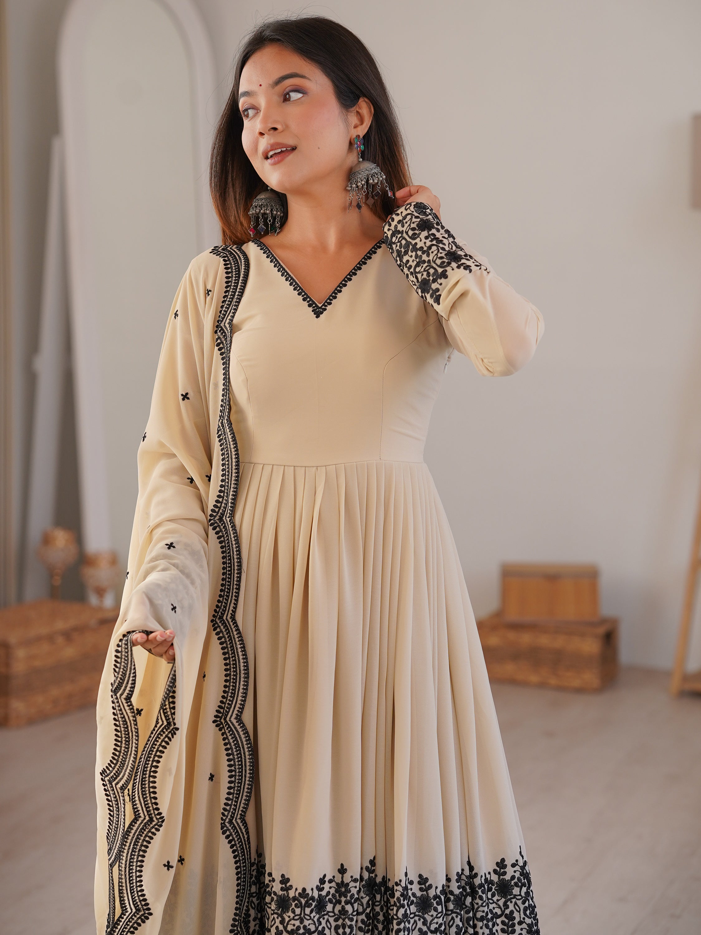 Attractive White Thread Work Georgette Festival Wear Palazzo Suit