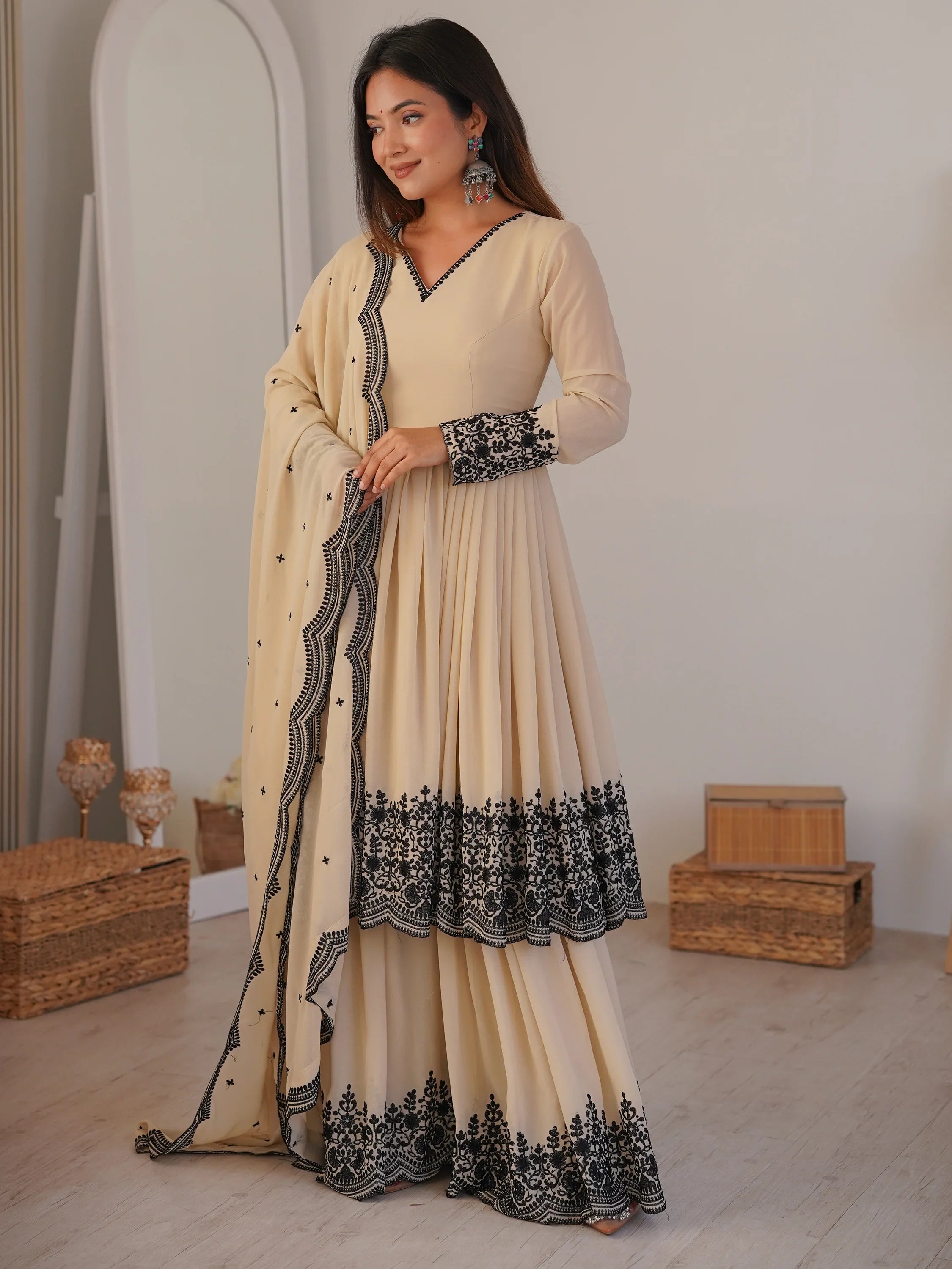 Attractive White Thread Work Georgette Festival Wear Palazzo Suit